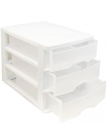 Tradineur - Cajonera de sobremesa de plástico blanco con 3 cajones transparentes, torre de almacenaje multiusos, organizador aux