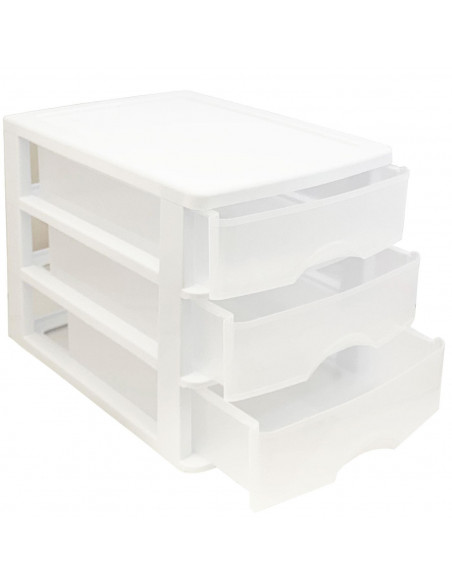 Tradineur - Cajonera de sobremesa de plástico blanco con 3 cajones transparentes, torre de almacenaje multiusos, organizador aux