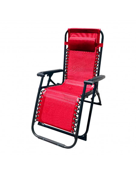 Tradineur - Silla / Tumbona plegable de acero, reclinable, reposacabezas acolchado, tejido resistente. Color rojo. 90 x 66 x 108
