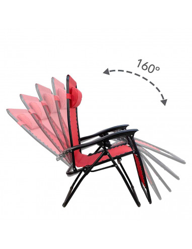 Tradineur - Silla / Tumbona plegable de acero, reclinable, reposacabezas acolchado, tejido resistente. Color rojo. 90 x 66 x 108