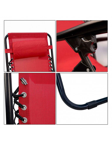 Tradineur - Silla / Tumbona plegable de acero, reclinable, reposacabezas acolchado, tejido resistente. Color rojo. 90 x 66 x 108