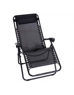Tradineur - Silla / Tumbona plegable de acero, reclinable, reposacabezas acolchado, tejido resistente. Color Negro. 90 x 66 x 10