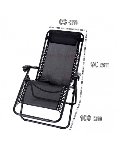 Tradineur - Silla / Tumbona plegable de acero, reclinable, reposacabezas acolchado, tejido resistente. Color Negro. 90 x 66 x 10