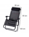 Tradineur - Silla / Tumbona plegable de acero, reclinable, reposacabezas acolchado, tejido resistente. Color Negro. 90 x 66 x 10