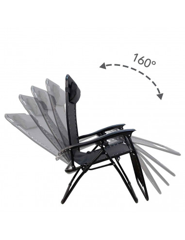 Tradineur - Silla / Tumbona plegable de acero, reclinable, reposacabezas acolchado, tejido resistente. Color Negro. 90 x 66 x 10