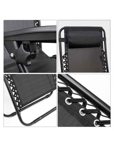 Tradineur - Silla / Tumbona plegable de acero, reclinable, reposacabezas acolchado, tejido resistente. Color Negro. 90 x 66 x 10