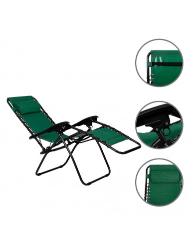 Tradineur - Silla / Tumbona plegable de acero, reclinable, reposacabezas acolchado, tejido resistente. Color verde. 90 x 66 x 10