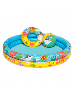 Tradineur - Piscina hinchable infantil de 2 aros, vinilo resistente, válvula de seguridad. Incluye: Piscina, pelota y flotador.