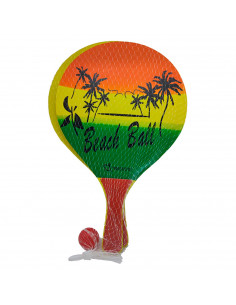 Tradineur - Set de 2 palas de playa con pelota, fabricado en madera, Para todas las edades. Diseño caribeño. 39,5 x 23,5 cm