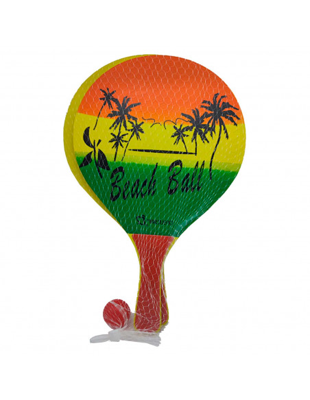 Tradineur - Set de 2 palas de playa con pelota, fabricado en madera, Para todas las edades. Diseño caribeño. 39,5 x 23,5 cm