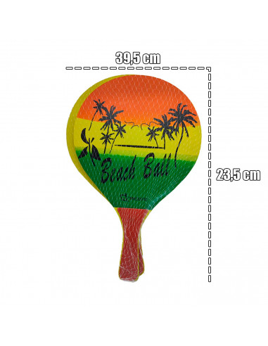 Tradineur - Set de 2 palas de playa con pelota, fabricado en madera, Para todas las edades. Diseño caribeño. 39,5 x 23,5 cm