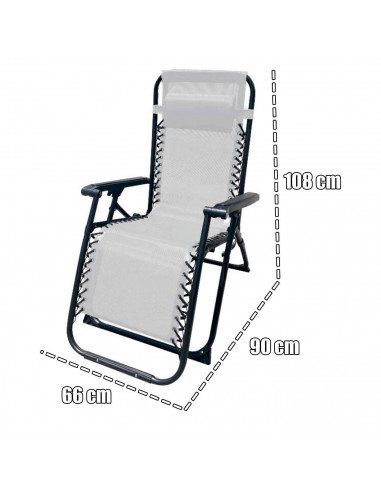 Tradineur - Silla / Tumbona plegable de acero, reclinable, reposacabezas acolchado, tejido resistente. Color Gris. 90 x 66 x 108