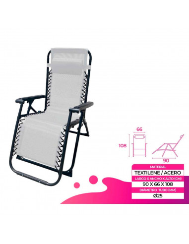Tradineur - Silla / Tumbona plegable de acero, reclinable, reposacabezas acolchado, tejido resistente. Color Gris. 90 x 66 x 108