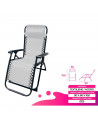 Tradineur - Silla / Tumbona plegable de acero, reclinable, reposacabezas acolchado, tejido resistente. Color Gris. 90 x 66 x 108