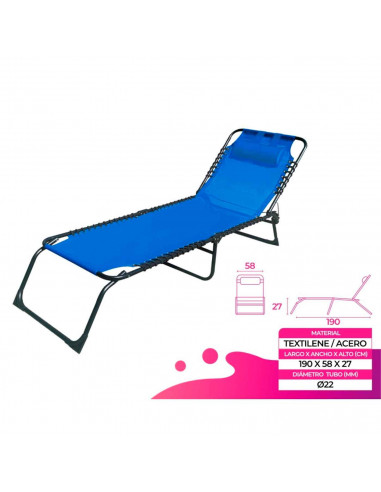 Tradineur - Silla / Tumbona plegable de acero, reclinable, reposacabezas acolchado, tejido resistente. Color Azul. 190 x 58 x 27