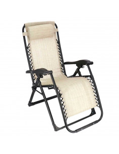 Tradineur - Silla / Tumbona plegable de acero, reclinable, reposacabezas acolchado, tejido resistente. Color Beige. 90 x 66 x 10
