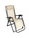 Tradineur - Silla / Tumbona plegable de acero, reclinable, reposacabezas acolchado, tejido resistente. Color Beige. 90 x 66 x 10
