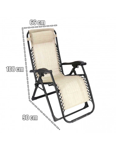 Tradineur - Silla / Tumbona plegable de acero, reclinable, reposacabezas acolchado, tejido resistente. Color Beige. 90 x 66 x 10