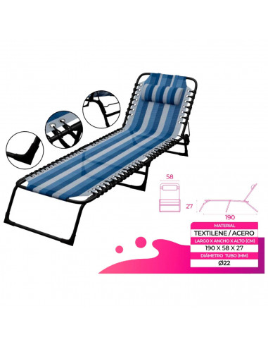 Tradineur - Silla / Tumbona plegable de acero, reclinable, tejido Oxford, tejido resistente. Color azul rayado. 58 x 27 x 190 cm