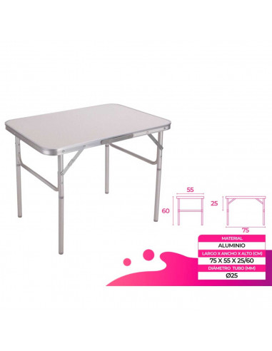 Tradineur - Mesa plegable de aluminio, sistema de fijación, incluye asa, tejido resistente. Color Surtido. 60 x 75 x 55 cm.