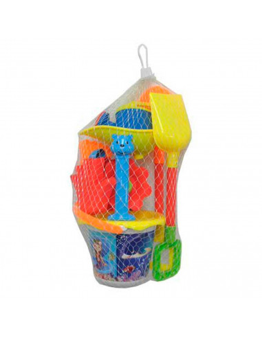 Tradineur - Cubo de playa pequeño con accesorios, Incluye: cubo, pala, rastrillo, regadera, etc. 39 x 20 x 20 cm