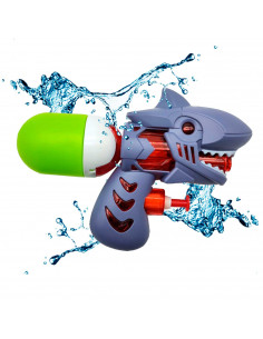 Tradineur - Pistola de agua a presión - Fabricado en Plástico - Diseño tiburón - Incluye cámara de agua - 11 x 15 x 4,5 cm - Col