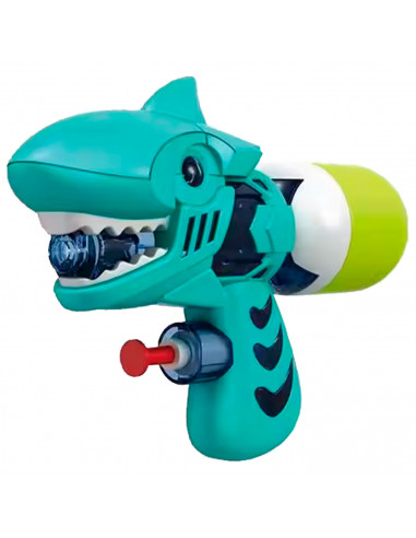 Tradineur - Pistola de agua a presión - Fabricado en Plástico - Diseño tiburón - Incluye cámara de agua - 11 x 15 x 4,5 cm - Col