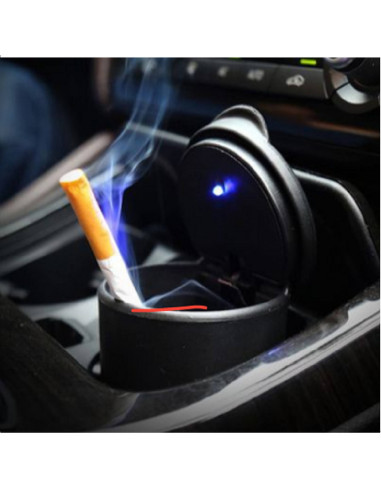 Cenicero para coche de plástico negro 8 x 7 cm con tapa y luz, bote, recipiente para cigarros, uso en automóvil, resistente y du
