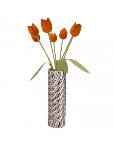 Tradineur - Jarrón metálico cilíndrico plateado, diseño con ondas, florero minimalista, recipiente para flores, decoración del h