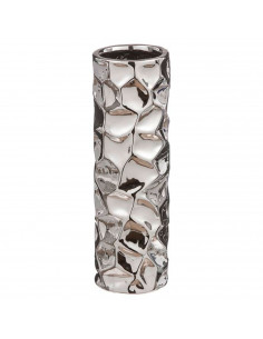 Tradineur - Jarrón cilíndrico metálico plateado, diseño facetado, florero minimalista, recipiente para flores, decoración del ho