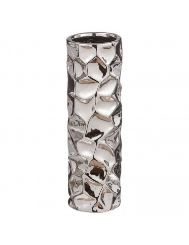 Tradineur - Jarrón cilíndrico metálico plateado, diseño facetado, florero minimalista, recipiente para flores, decoración del ho