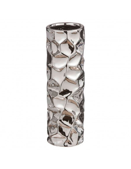 Tradineur - Jarrón cilíndrico metálico plateado, diseño facetado, florero minimalista, recipiente para flores, decoración del ho