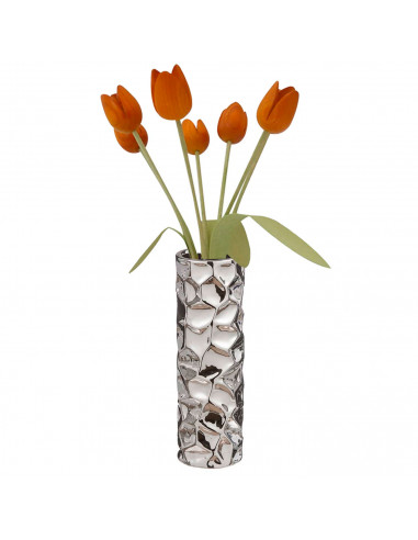Tradineur - Jarrón cilíndrico metálico plateado, diseño facetado, florero minimalista, recipiente para flores, decoración del ho