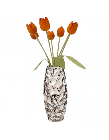 Tradineur - Jarrón facetado de metal plateado, florero minimalista, recipiente para flores, decoración del hogar, negocios, 30 x