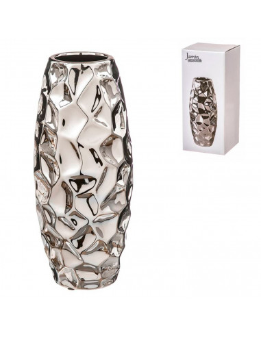 Tradineur - Jarrón facetado de metal plateado, florero minimalista, recipiente para flores, decoración del hogar, negocios, 30 x
