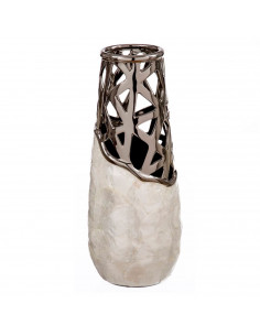 Tradineur - Jarrón plateado de cerámica, metal y nácar, diseño moderno, florero minimalista, recipiente para flores, decoración