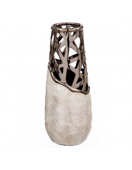 Tradineur - Jarrón plateado de cerámica, metal y nácar, diseño moderno, florero minimalista, recipiente para flores, decoración