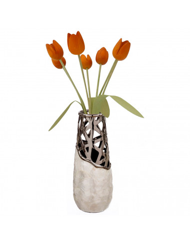 Tradineur - Jarrón plateado de cerámica, metal y nácar, diseño moderno, florero minimalista, recipiente para flores, decoración