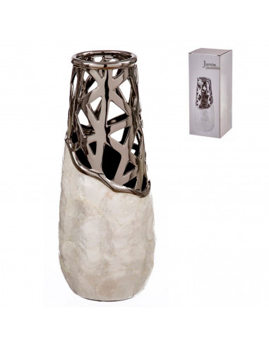 Tradineur - Jarrón plateado de cerámica, metal y nácar, diseño moderno, florero minimalista, recipiente para flores, decoración