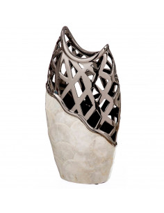 Tradineur - Jarrón plateado de metal, cerámica y nácar, diseño moderno, florero minimalista, recipiente para flores, decoración