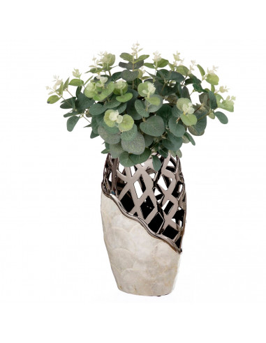 Tradineur - Jarrón plateado de metal, cerámica y nácar, diseño moderno, florero minimalista, recipiente para flores, decoración