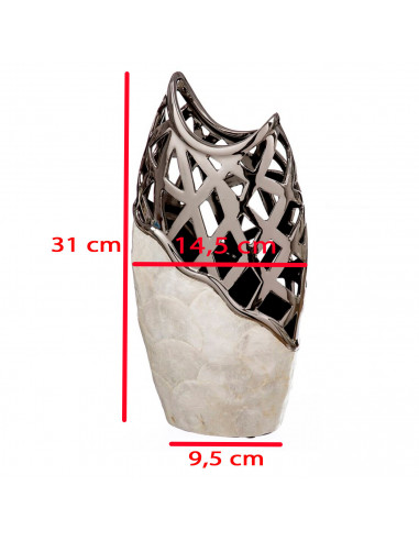 Tradineur - Jarrón plateado de metal, cerámica y nácar, diseño moderno, florero minimalista, recipiente para flores, decoración