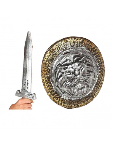 Tradineur - Set de escudo y espada con grabado de león, para Arde Lucus, halloween y celebraciones. Tamaño set: 52 x 44,5 x 11 c