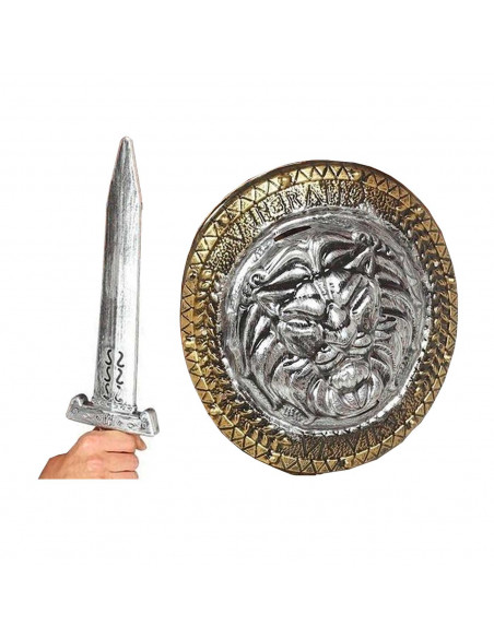 Tradineur - Set de escudo y espada con grabado de león, para Arde Lucus, halloween y celebraciones. Tamaño set: 52 x 44,5 x 11 c Tradineur - Set de escudo y espada con grabado de león, para Arde Lucus, halloween y celebraciones. Tamaño set: 52 x 44,5 x 11 c