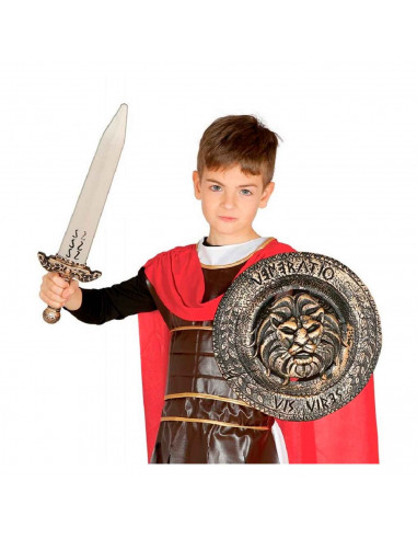 Tradineur - Set de escudo y espada infantil con grabado de león, para Arde Lucus, halloween y celebraciones. Tamaño set: 49 x 30