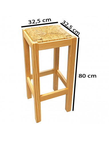 Tradineur - Taburete cuadrado de madera, asiento de rafia, banqueta con reposapiés, asiento de fibra natural, restaurante, cocin