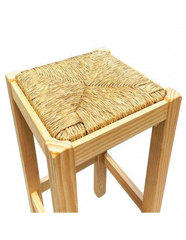 Tradineur - Taburete cuadrado de madera, asiento de rafia, banqueta con reposapiés, asiento de fibra natural, restaurante, cocin
