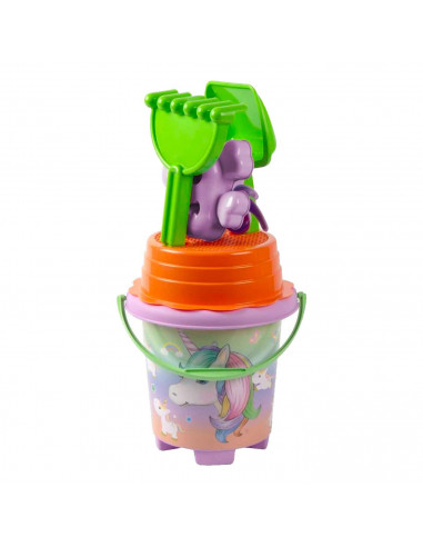 Tradineur - Cubo de playa con accesorios, impresión de unicornio, Incluye: cubo, pala, rastrillo, etc. Ideal para jugar en la pl