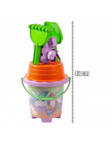 Tradineur - Cubo de playa con accesorios, impresión de unicornio, Incluye: cubo, pala, rastrillo, etc. Ideal para jugar en la pl