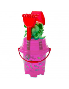 Tradineur - Cubo de playa con accesorios, Semitransparente, dibujos de peces, Incluye: cubo, pala, rastrillo, etc. Ideal para ju